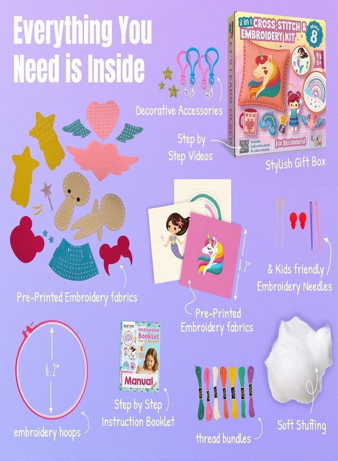 CRAFTILOO 2 in1 Cross Stitch & Embroidery Kit for Kids Ages 6+ Make 8 Projects Backpack Charms, Keyring, Doll, Wall Art, Unicorn Pillow & Card Holder Beginner Needlepoint & Creative Gift Set - Image 2